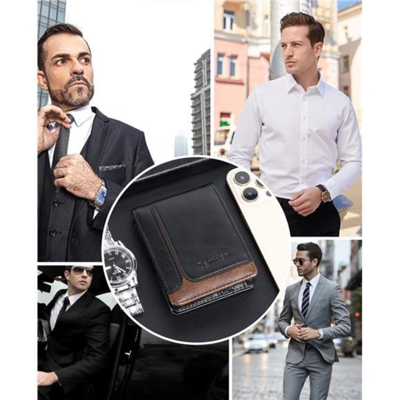 Mens Leather Wallet Front Pocket Bifold RFID Blocking Wallet Stripe Black - Picture 6 of 7